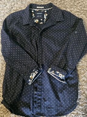 Denim & Flower Navy Shirt with Gold Dot and Floral Trim, Boys, Size 9/10